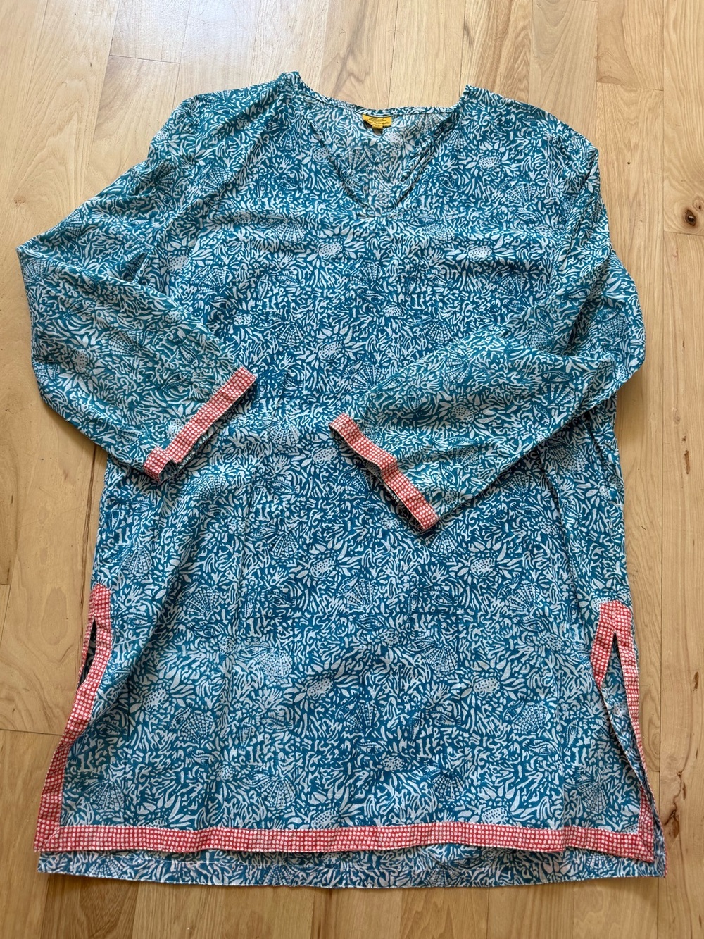 Roberta Roller Rabbit Tunic Top Blue Fish/Shell Print Red Hem Size XL